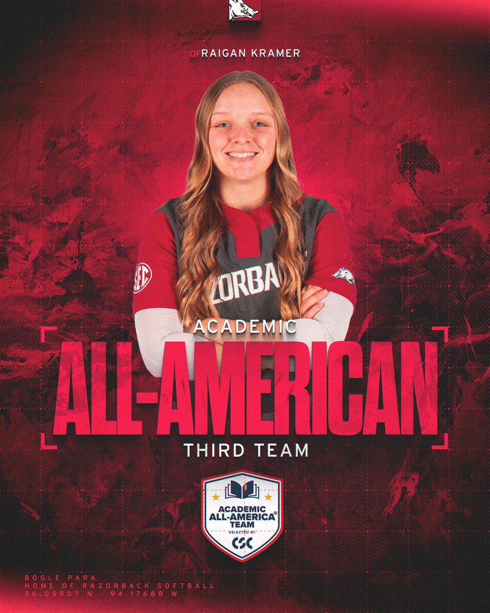 Arkansas Softball (@razorbacksb) on Twitter photo Among the nation's best in the classroom
Congrats to <a href="/Raigan_Kramer/">Raigan Kramer</a> on becoming our seventh Academic All-American in program history! Among the nation's best in the classroom
Congrats to <a href="/Raigan_Kramer/">Raigan Kramer</a> on becoming our seventh Academic All-American in program history!