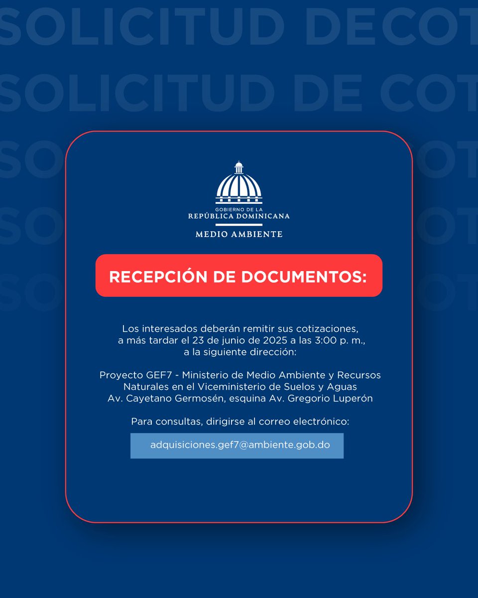 Solicitud de cotización abierta🚨
El Proyecto GEF7 del Ministerio de Medio Ambiente y Recursos Naturales invita a proveedores autorizados a participar en el proceso de cotización de tiques prepagados y de combustible.

📄 Consulta los requisitos aquí
 👉 lnkd.in/ec7YyvG8