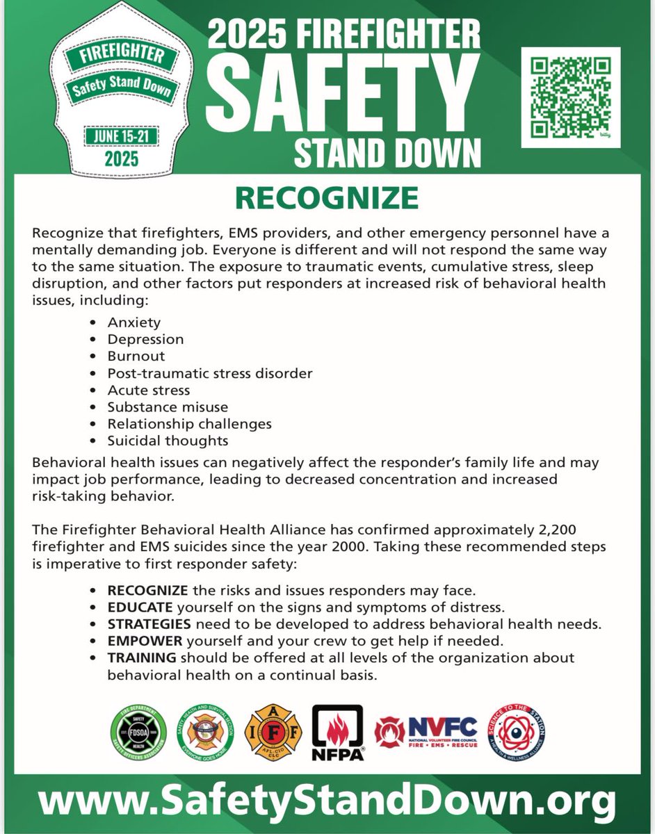 MWAAFireRescue's tweet image. 2025 #firefighters Safety Stand Down topic-Responder Behavioral Health.
safetystanddown.org/resource/safet…
Encouraging departments to take a proactive approach to #MentalWellness.
In station yoga & suicide prevention class. Just a few steps to better our health & wellness program.