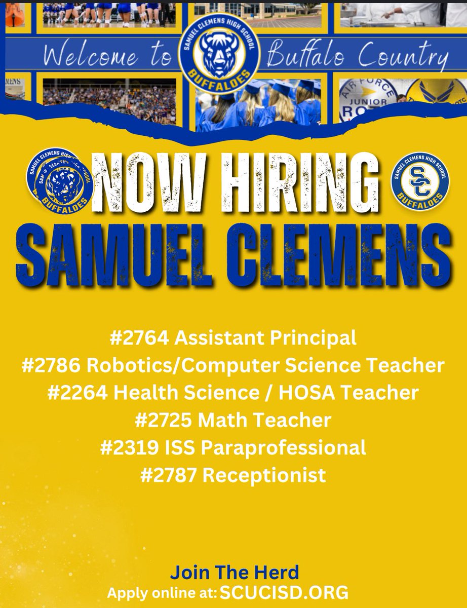 Clemens High School (@samuelclemenshs) on Twitter photo Join the Herd! Apply under the job numbers listed at SCUCISD.org
<a href="/tctmonline/">tctmonline</a> <a href="/THSCAcoaches/">THSCA</a> <a href="/TCTELA/">TCTELA est. 1965</a> Join the Herd! Apply under the job numbers listed at SCUCISD.org
<a href="/tctmonline/">tctmonline</a> <a href="/THSCAcoaches/">THSCA</a> <a href="/TCTELA/">TCTELA est. 1965</a>