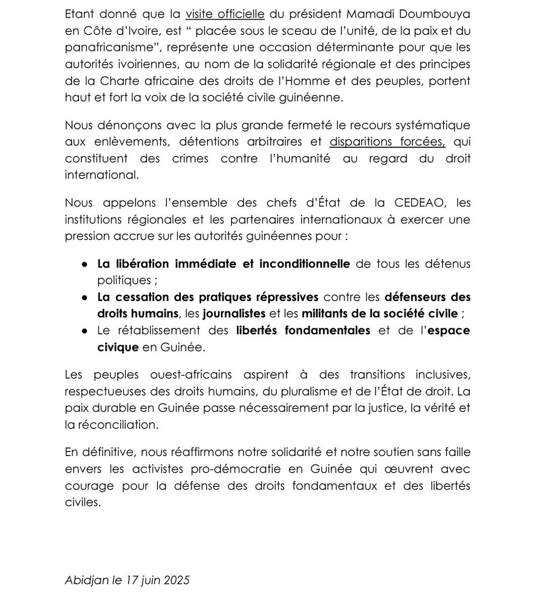 AfricTivistes (@africtivistes) on Twitter photo 📢Appel urgent de la société civile ouest-africaine !
À l’occasion de la visite officielle du président Mamadi Doumbouya (<a href="/presi_doumbouya/">Président Mamadi Doumbouya</a>) en Côte d’Ivoire placée sous le sceau de l’unité, de la paix et du panafricanisme, nous organisations et mouvements de la société civile 📢Appel urgent de la société civile ouest-africaine !
À l’occasion de la visite officielle du président Mamadi Doumbouya (<a href="/presi_doumbouya/">Président Mamadi Doumbouya</a>) en Côte d’Ivoire placée sous le sceau de l’unité, de la paix et du panafricanisme, nous organisations et mouvements de la société civile