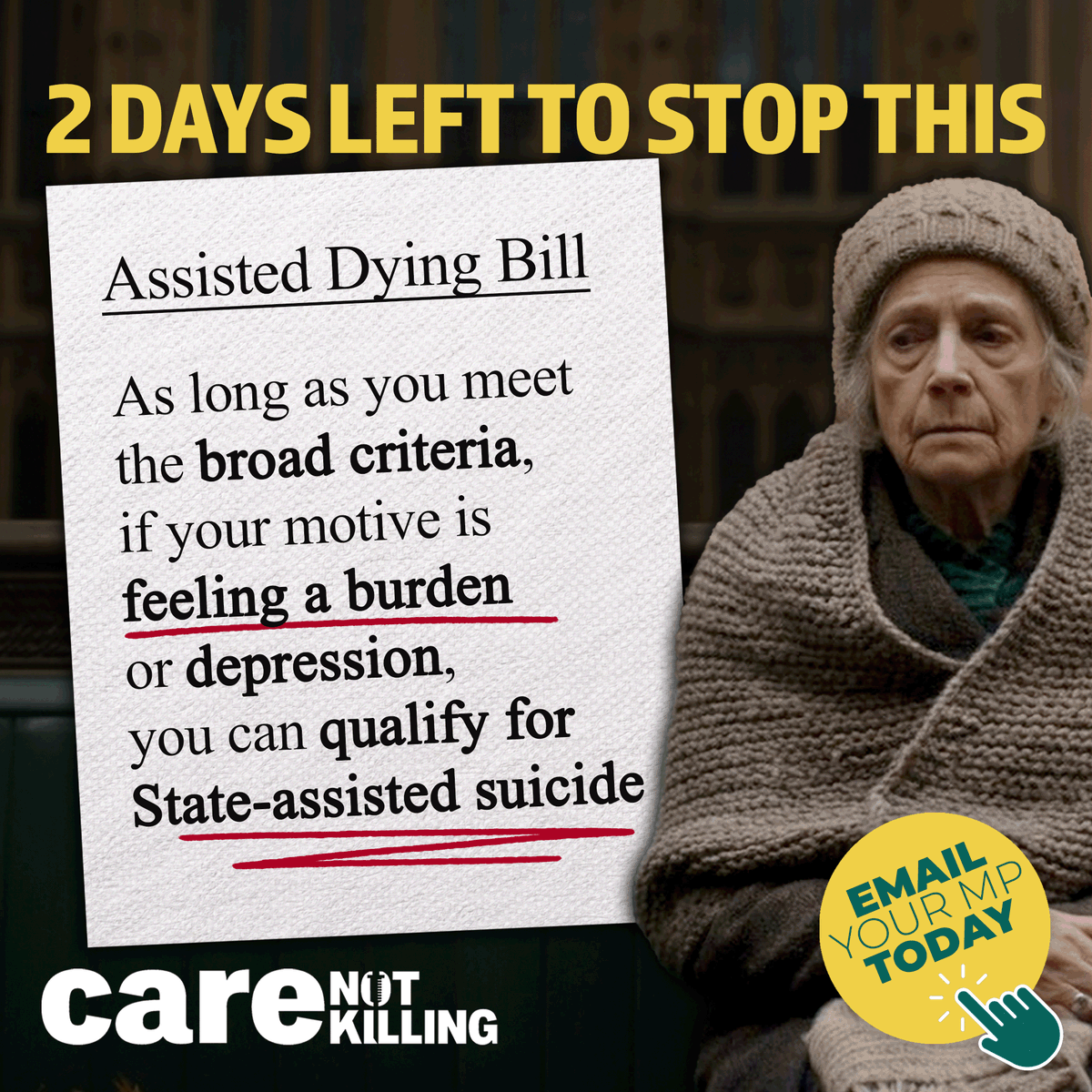 🚨If the #AssistedDyingBill passes, as long as you meet the broad criteria, anyone who feels a burden, worries about care costs, or suffers from depression can be given lethal drugs - turning desperation into a deadly prescription for the vulnerable.

#NotThisBill