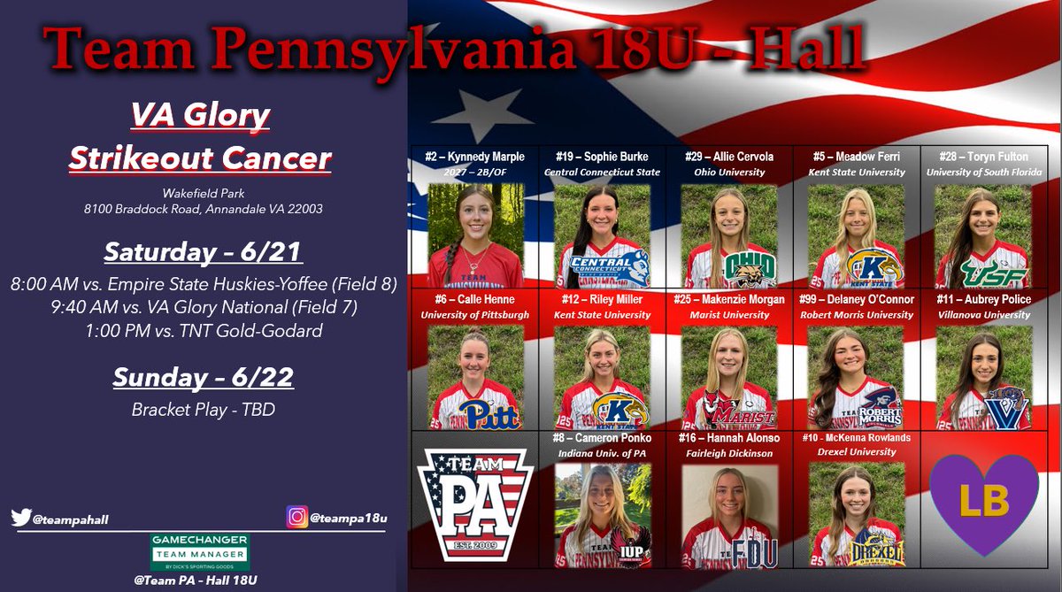 Team PA Hall 18U & Team PA Hall 2026 (@teampahall) on Twitter photo Both our 16u & 18u squads will be taking the field this weekend <a href="/GlorySOC/">Glory Strikeout Cancer Invitational</a> we can’t wait to play for a cause bigger than ourselves!
See you soon Fairfax, Va! 🫶
Uncommits:
2026s
3 - Ps
1 - C/1B
1 OF (lefty triple threat)
2027
UTL - switch hitter
#teampaproud Both our 16u & 18u squads will be taking the field this weekend <a href="/GlorySOC/">Glory Strikeout Cancer Invitational</a> we can’t wait to play for a cause bigger than ourselves!
See you soon Fairfax, Va! 🫶
Uncommits:
2026s
3 - Ps
1 - C/1B
1 OF (lefty triple threat)
2027
UTL - switch hitter
#teampaproud