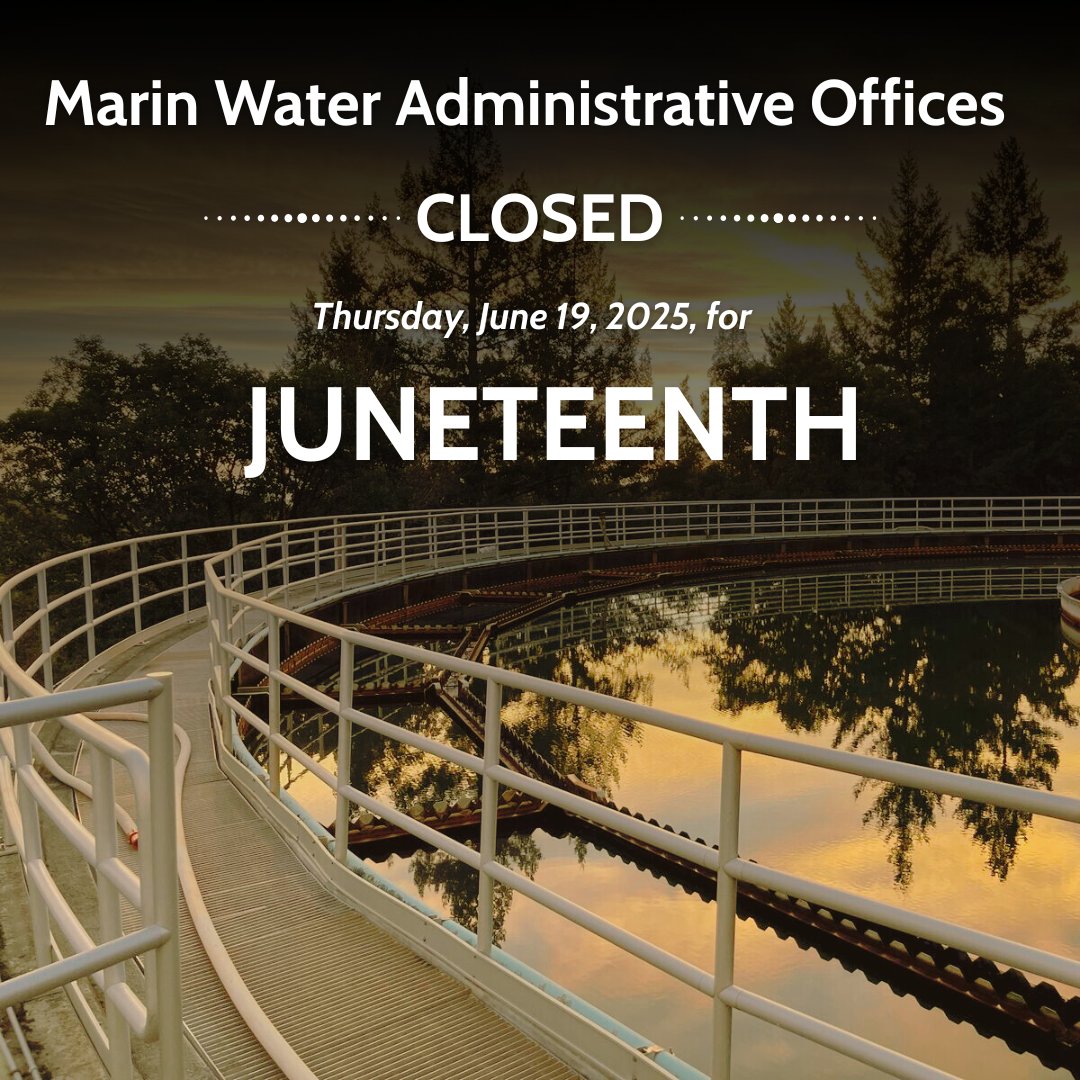 Marin Water Administrative Offices will be closed Thursday, June 19, 2025, for Juneteenth. Water service will continue uninterrupted.

Report water emergencies to 415-945-1500.

Access your customer account 24/7 at marinwater.org/customer-servi…