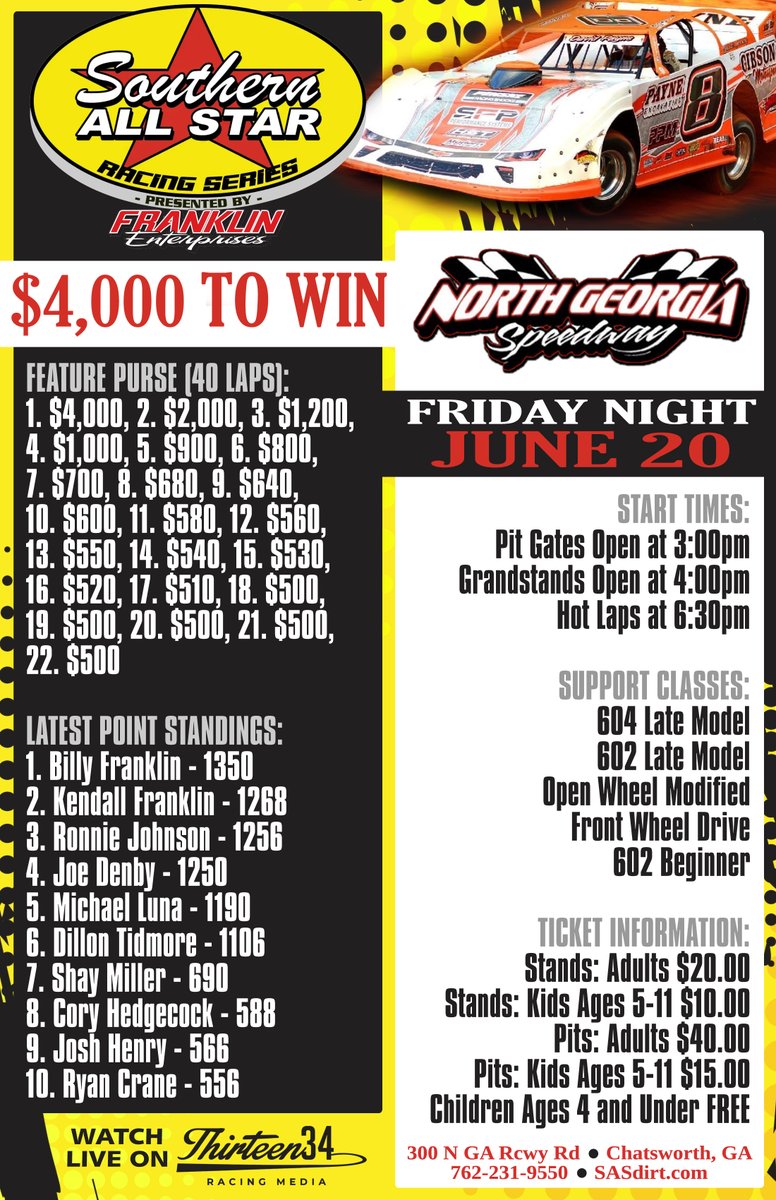 𝐓𝐡𝐢𝐬 𝐅𝐫𝐢𝐝𝐚𝐲 𝐍𝐢𝐠𝐡𝐭! <a href="/SASDIRT/">Southern All Star Dirt Racing Series</a> invades North Georgia Speedway for round eight of the tour. A $4,000 winner's check (𝘱𝘭𝘶𝘴 𝘱𝘰𝘵𝘦𝘯𝘵𝘪𝘢𝘭 𝘣𝘰𝘯𝘶𝘴𝘦𝘴) will be up for grabs for the Super Late Models, while each feature starter will receive at least $500.