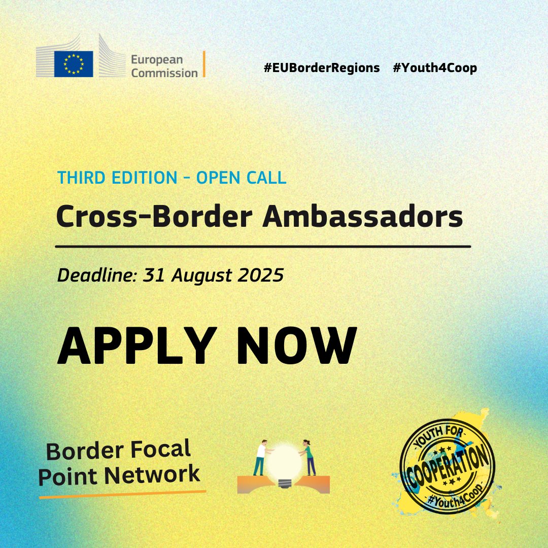 🌍 Become a Cross-Border Ambassador!

Are you 18–30 and connected to a border region?
Join us to share your story and shape the future of #EUBorderRegions with #Youth4Coop

📅 Apply by 31 August 2025
🔗futurium.ec.europa.eu/en/border-foca…