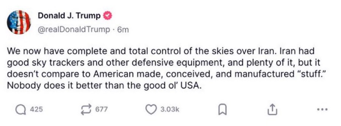 BREAKING:

🇺🇸 PRESIDENT TRUMP SAYS “WE NOW HAVE COMPLETE &amp; TOTAL CONTROL OF THE SKIES OVER IRAN.”

WHAT DOES HE MEAN BY “WE”?!