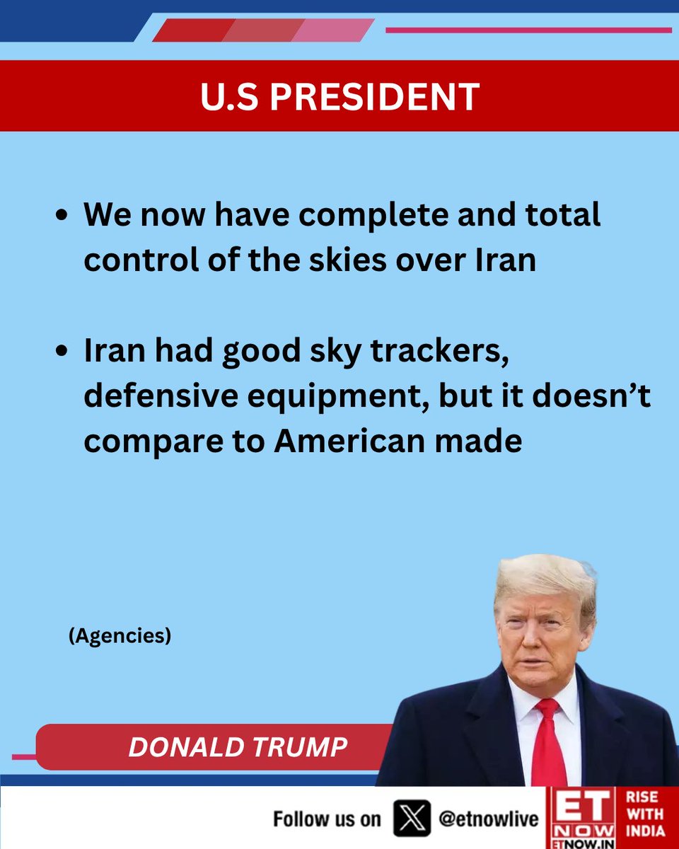 ET NOW (@etnowlive) on Twitter photo U.S President Donald Trump: We now have complete and total control of the skies over Iran (Agencies)
<a href="/realDonaldTrump/">Donald J. Trump</a> #Trump #IsraelIranConflict #IsraeliranWar U.S President Donald Trump: We now have complete and total control of the skies over Iran (Agencies)
<a href="/realDonaldTrump/">Donald J. Trump</a> #Trump #IsraelIranConflict #IsraeliranWar