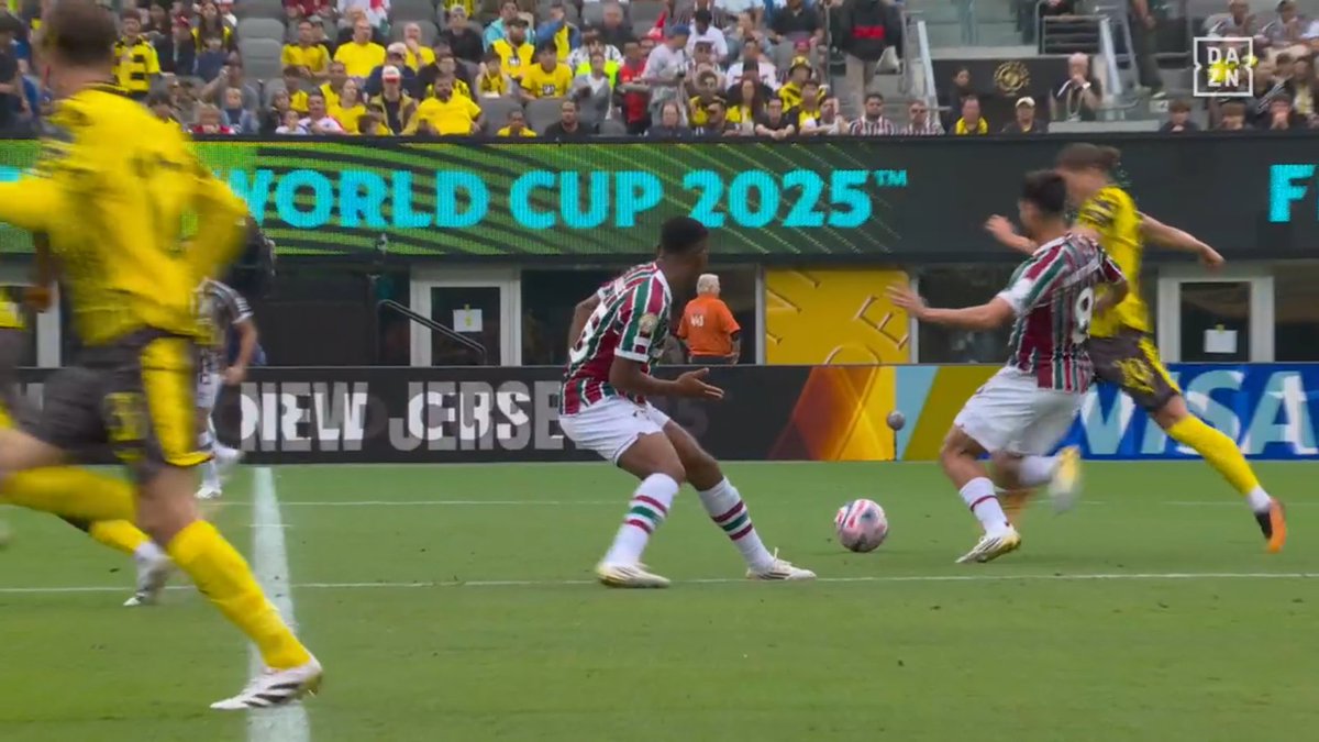 Martinelli of Fluminense booked for a challenge on Sabitzer.