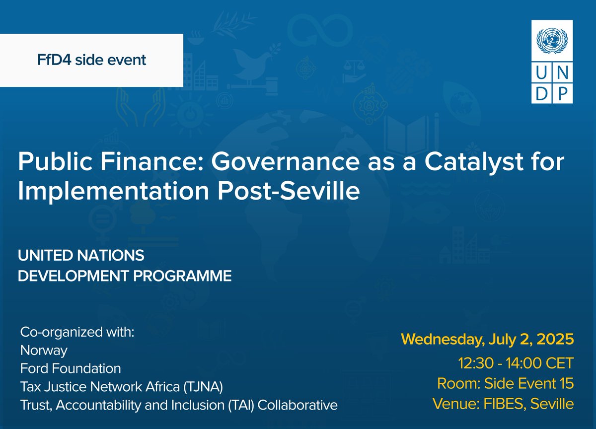 UNDP Global Policy Centre for Governance (@undpgpcg) on Twitter photo 🚨FIG #FfD4 Side Event
🛣️ Public Finance: Governance as a Catalyst for Implementation Post-Seville
🗓️ 2 July | 🕧 12:30–14:00 CET |📍Side Event 15
Join <a href="/UNDPGPCG/">UNDP Global Policy Centre for Governance</a> & partners as we unpack:
✔️ Key outcomes from #FfD4 on public finance commitments
✔️ What’s needed to turn 🚨FIG #FfD4 Side Event
🛣️ Public Finance: Governance as a Catalyst for Implementation Post-Seville
🗓️ 2 July | 🕧 12:30–14:00 CET |📍Side Event 15
Join <a href="/UNDPGPCG/">UNDP Global Policy Centre for Governance</a> & partners as we unpack:
✔️ Key outcomes from #FfD4 on public finance commitments
✔️ What’s needed to turn