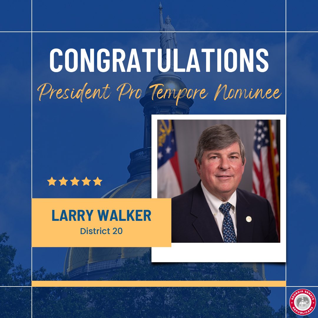 GASenateGOP's tweet image. Following a successful caucus meeting, the Republican Senate Caucus voted to elect Senator Larry Walker as President Pro Tempore Nominee and Senator Jason Anavitarte as Majority Leader, reaffirming our commitment to keeping Georgia the best place to live, work, and raise a…