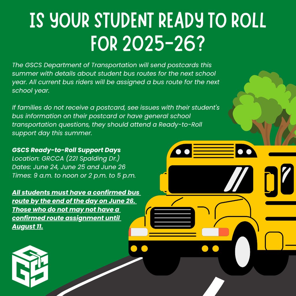 Make sure your student is Ready-to-Roll for the 2025-26 school year! All students must have a confirmed bus route by the end of the day on June 26.
