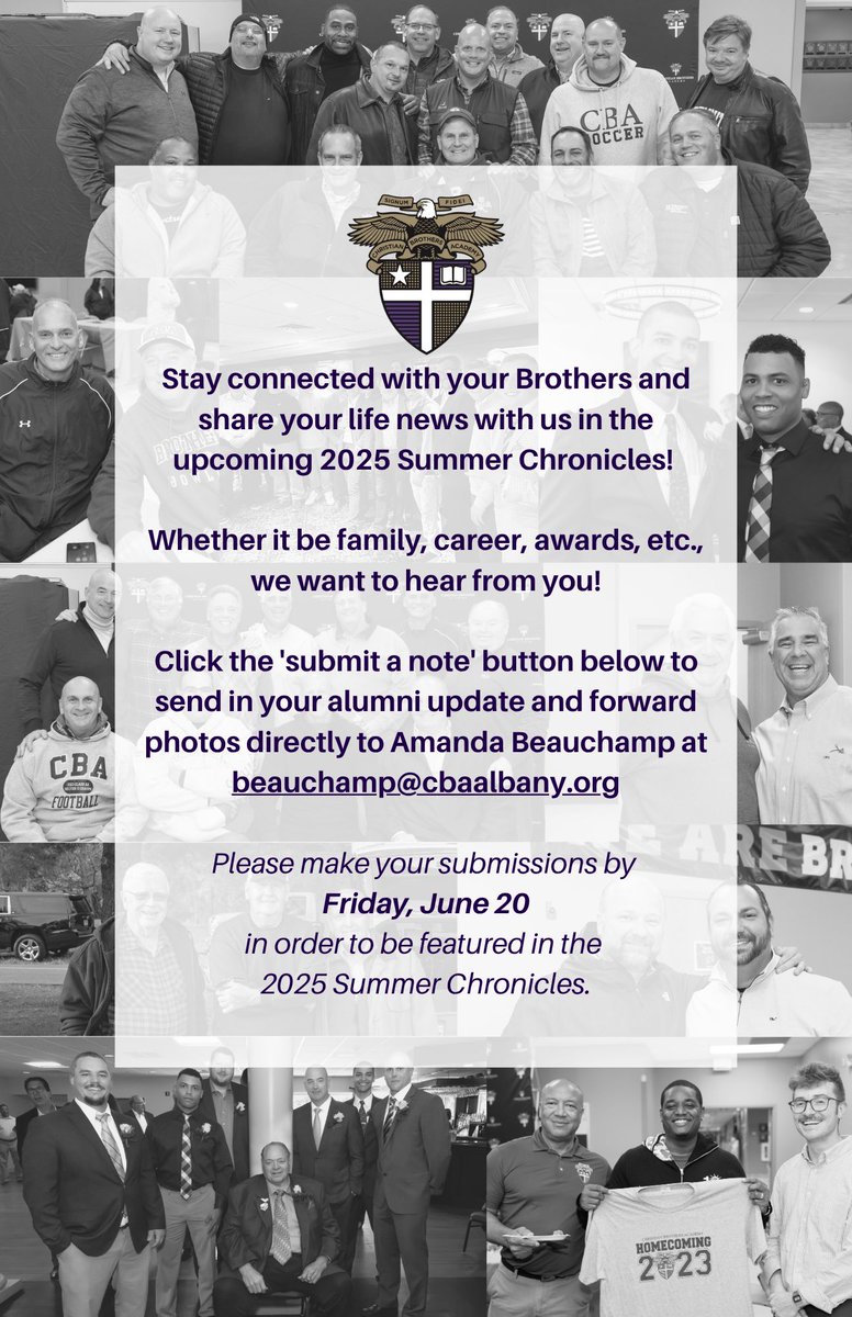 cbaalbany's tweet image. We want to hear from you! Submit an alumni update to be published in the Summer 2025 Chronicles. Visit cbaalbany.org/alumni-news-an… to submit an alumni note along with a photo. Go Brothers!