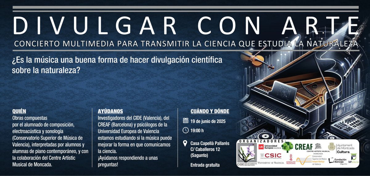El próximo jueves 19 de junio no podéis faltar a "Divulgar con arte", un concierto musical multimedia para transmitir la ciencia que estudia la naturaleza. A las 19:00 en la Casa Capellà Pallarés de Sagunto.

🎵🌱😻