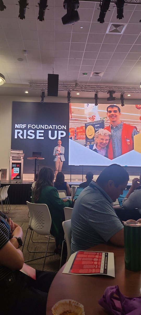 NRF Foundation Rise Up guest speaker explains the importance of people skills and the  impact of retail in the economy.  #iHeartCTE #WeR19