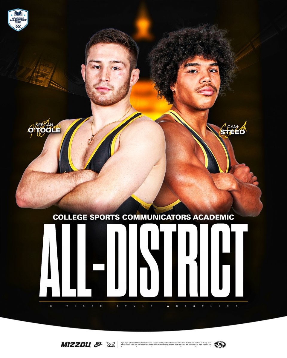 MizzouWrestling's tweet photo. O'Toole and Steed Earn @CollSportsComm Academic All-District 

📰 https://t.co/dLQBtBbXsr

#TigerStyle https://t.co/NWs1rd8sTh