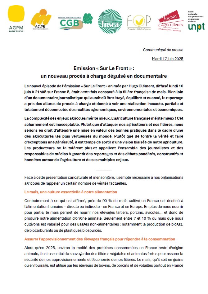 [#CP] 🚨📢Emission « Sur Le Front » : un nouveau procès à charge déguisé en documentaire

Notre communiqué avec <a href="/AGPM_mais/">AGPM</a>, <a href="/AGPB_Cerealiers/">AGPB-Les Nouveaux Céréaliers</a>, <a href="/CGB_FR/">CGB</a>, <a href="/FNSEA/">La FNSEA</a>, <a href="/FopProducteurs/">FOP</a> et <a href="/UNPT_FRANCE/">UNPT 🥔</a> 👇
urlr.me/3G8YJ6