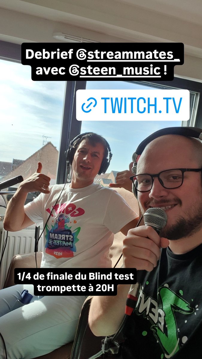 Debrief <a href="/StreamMatesOff/">✨ StreamMates - Événementiel Twitch</a> et 1/4 de finale du championnat de France de Blind test trompette de <a href="/Steen__Music/">Steen</a> à 20H 🎺

twitch.tv/steen__ 🔴
