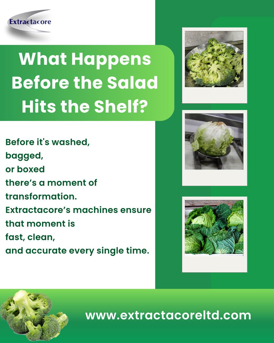 ExtractaCore's tweet image. Before your salad hits the shelf, it meets us first.
Every crisp lettuce core and broccoli floret has a story—and it begins with Extractacore.
#AutomationSolutions #TechForGood #EatHealthy #AgricultureGlobal