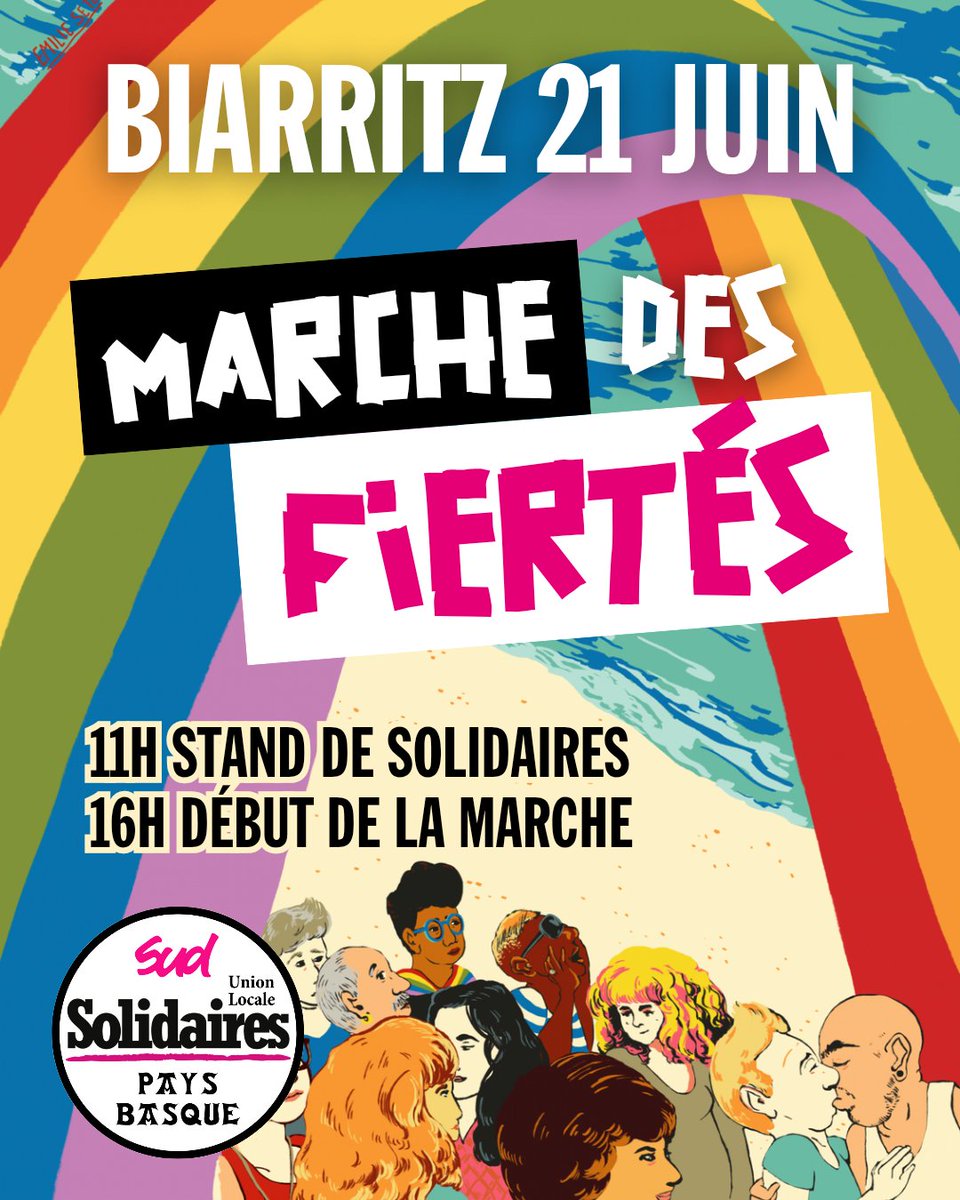 🏳️‍🌈 Marche des fiertés LGBTI de Biarritz le 29 juin : luttons pour nos droits tant qu'il le faudra !

Solidaires Pays Basque sera au village sur le parvis sud de la grande plage de Biarritz à partir de 11h, avant de partir en manifestation à 16h. LGBTI, on lutte avec le sndicat !