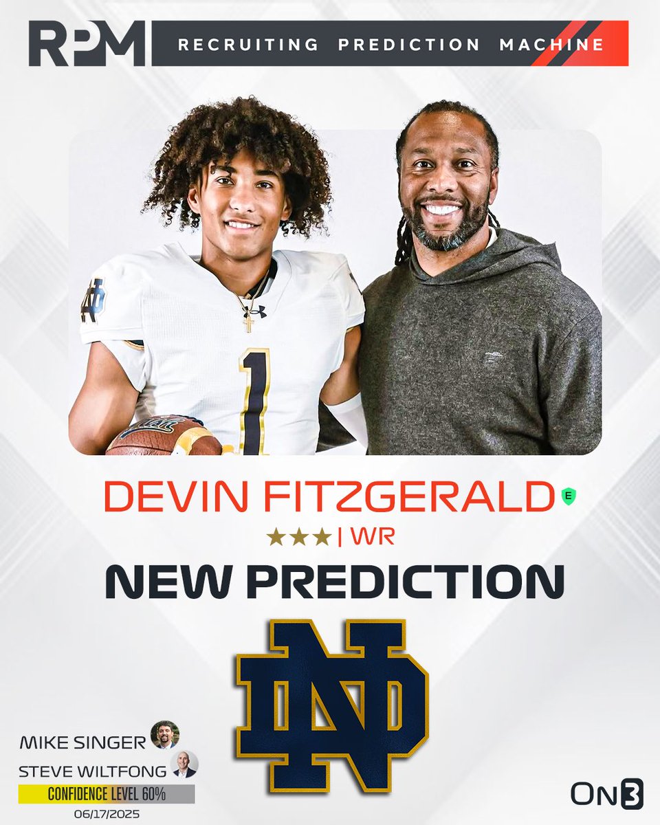 On3’s <a href="/SWiltfong_/">Steve Wiltfong</a> has joined Notre Dame insider <a href="/MikeTSinger/">Mike Singer</a> in logging an expert prediction for the Irish to land WR Devin Fitzgerald☘️

Devin is the son of 11-time Pro Bowler Larry Fitzgerald.

Read: on3.com/news/notre-dam…