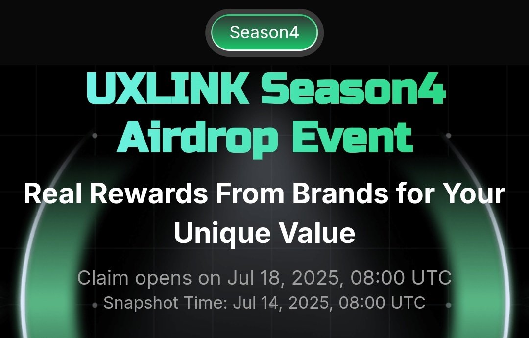 <a href="/UXLINKofficial/">UXLINK</a> Airdrop Season 4 Snapshot Time Jul 14 Airdrop Claim Open July 18

500$ to 2k$ Confirm Per User🔥
Event Link: dapp.uxlink.io/season4?invite…

✅Need Verified Twitter Account 
✅Need 1k  X Follower
✅Need Minimum 10 Verified Twitter Followers
#Uxlink #Uxlinks4 $REP $MOTO