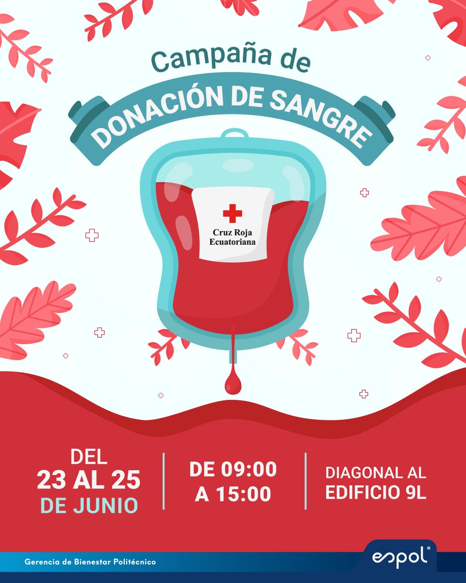 Bienestar ESPOL (@bienestarespol) on Twitter photo 🩸 ¡Dona vida!
Únete a la campaña de donación de sangre con la <a href="/cruzrojaecuador/">Cruz Roja Ecuatoriana</a> del 23 al 25 de junio, de 09h00 a 15h00, diagonal al Edif. 9L.
Una donación puede salvar hasta 3 vidas. 🙌
#DonaciónDeSangreESPOL #BienestarPolitécnico #ESPOL 🩸 ¡Dona vida!
Únete a la campaña de donación de sangre con la <a href="/cruzrojaecuador/">Cruz Roja Ecuatoriana</a> del 23 al 25 de junio, de 09h00 a 15h00, diagonal al Edif. 9L.
Una donación puede salvar hasta 3 vidas. 🙌
#DonaciónDeSangreESPOL #BienestarPolitécnico #ESPOL