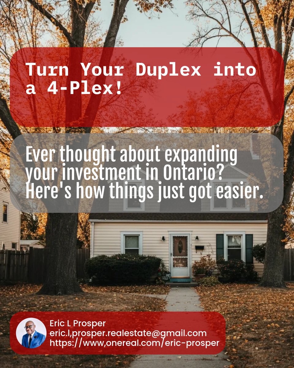 EricLrealestate's tweet image. Turning a duplex into a 4-plex in Ontario just got easier! 🎉 

Understand zoning rules, fire separation, and soundproofing. Pair these with the new #OntarioBuildingCode updates like lower ceiling height reqs—6’-5”. 

Maximize your investment today!💡