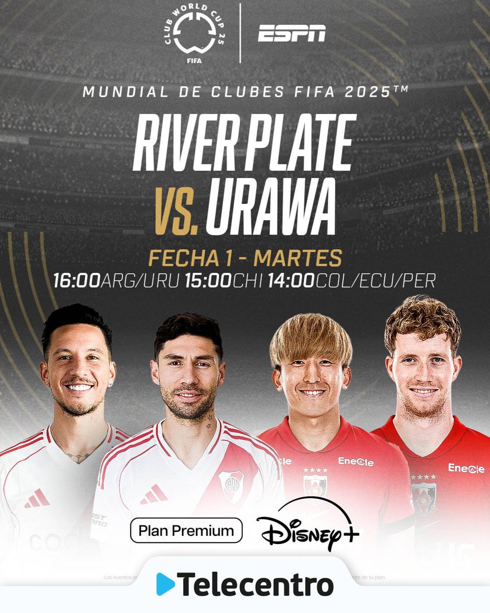 ¡River inicia su camino en el Mundial de Clubes! 🏆⚽

🔴⚪🔴¡El Millonario debuta esta tarde ante el conjunto japonés!

📺 Mirá todos los partidos de la #FIFACWC por Telecentro con el Plan Premium de #DisneyPlus➡️ ow.ly/1AXk50Wag9q