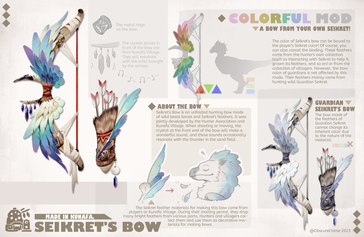 💪🏻设计了鹭鹰龙之弓！爱来自库纳法！
爆肝一天嗯嗯……因为非常喜欢成年鹭鹰龙的羽毛，专门为此设计了一把弓！
🌈设计上来说，弓颜色可以和玩家自己的鹭鹰龙颜色绑定！也可以取消绑定设置为默认颜色！
🪶不过延伸的护鹭鹰龙弓就没有办法改色了，因为他们被龙都改造了羽毛。
#WeaponEntry   #MHWilds