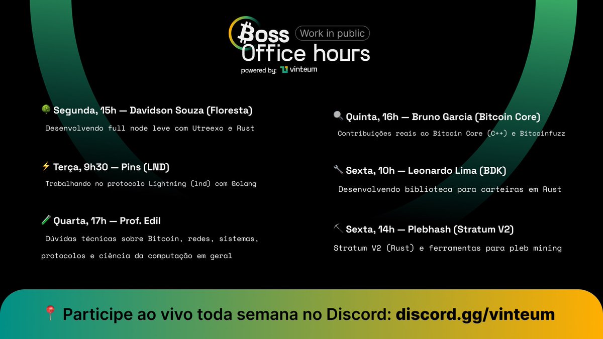 Vinteum (@vinteum_org) on Twitter photo Inspirados pelos streams da <a href="/achow101/">Ava Chow</a> contribuindo com o Bitcoin Core, criamos as ₿oss Office Hours: sessões semanais no Discord da <a href="/Vinteum_org/">Vinteum</a> onde devs trabalham ao vivo em projetos como Core, LND, BDK, Stratum V2, Floresta e mais. Inspirados pelos streams da <a href="/achow101/">Ava Chow</a> contribuindo com o Bitcoin Core, criamos as ₿oss Office Hours: sessões semanais no Discord da <a href="/Vinteum_org/">Vinteum</a> onde devs trabalham ao vivo em projetos como Core, LND, BDK, Stratum V2, Floresta e mais.