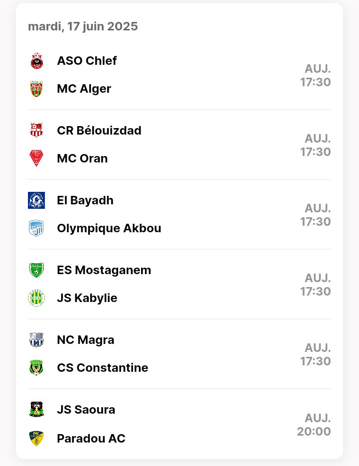Ligue 1 Mobilis 🇩🇿  29e journée 🏆

Tous les matchs Aujourd'hui  à 17h30🇩🇿