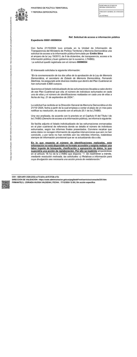 Memoria_ARMH (@armh_memoria) on Twitter photo Día 8
El ministerio de Política Territorial y Memoria Democrática <a href="/avtorresp/">Ángel Víctor Torres Pérez</a> dice que no se puede conocer el número de identificaciones en las exhumaciones que ha financiado porque esa información se encuentra "en formato de difícil acceso". <a href="/SE_MemoDemo/">Secretaría de Estado de Memoria Democrática</a> Día 8
El ministerio de Política Territorial y Memoria Democrática <a href="/avtorresp/">Ángel Víctor Torres Pérez</a> dice que no se puede conocer el número de identificaciones en las exhumaciones que ha financiado porque esa información se encuentra "en formato de difícil acceso". <a href="/SE_MemoDemo/">Secretaría de Estado de Memoria Democrática</a>