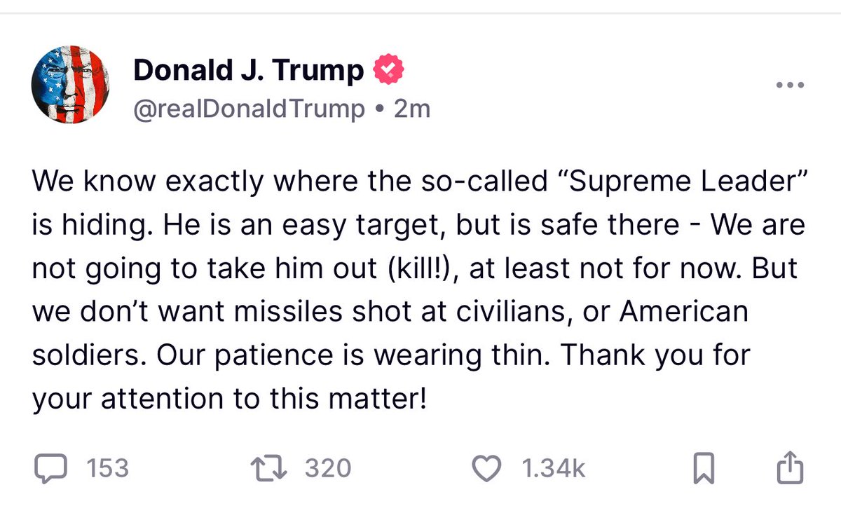 Trump says the U.S. won’t take out Iran’s Supreme Leader “at least not for now.”