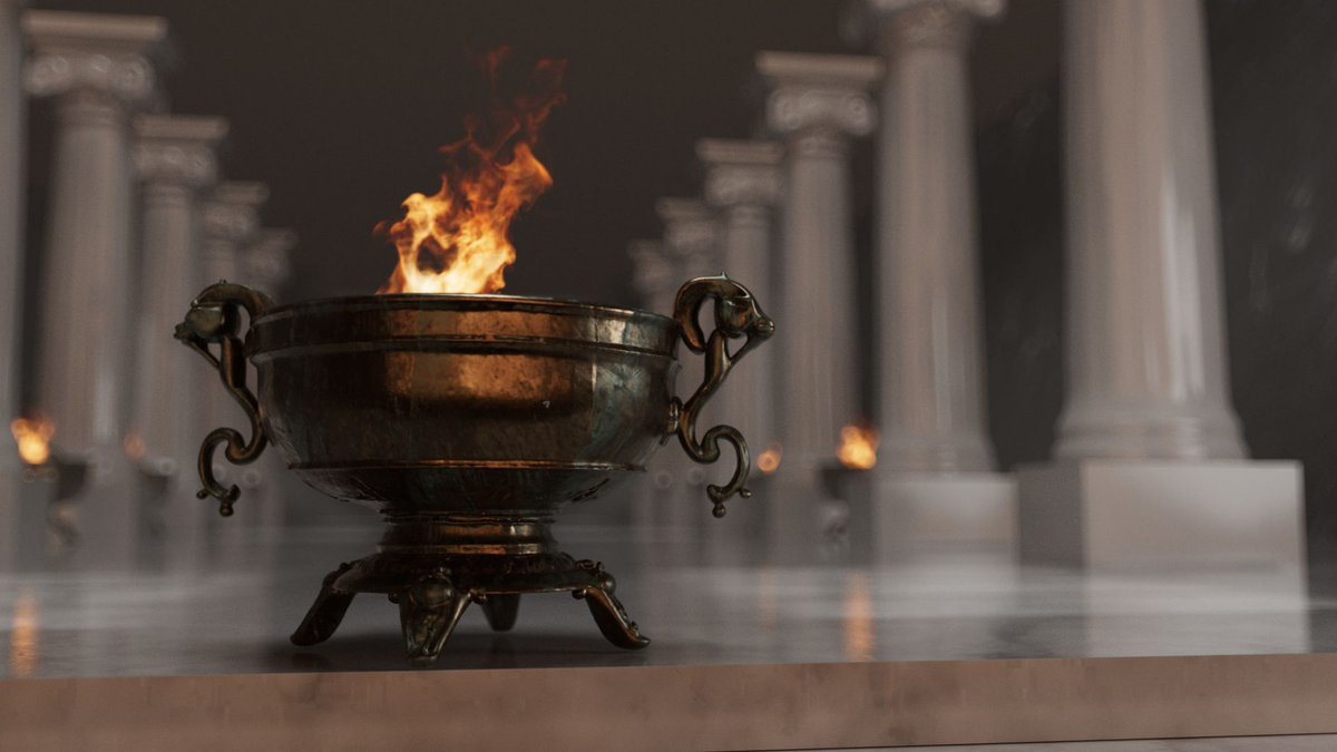 Experimenting with #EmberGen &amp; #MeshyAI to push our #3D workflows. Fire pot &amp; columns are AI-generated. Then we added more volumetric lighting to the background. Which tools are you exploring? #virtualproduction #digitaldesign