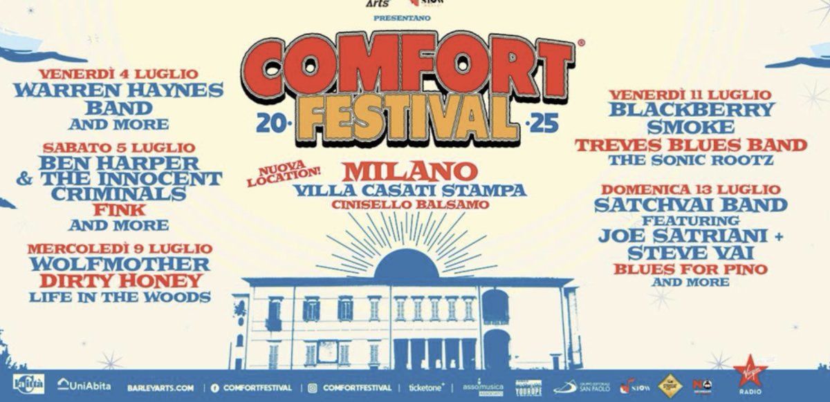 Virgin Radio Italy (@virginradioit) on Twitter photo Comfort Festival: in palio i biglietti per i concerti a Cinisello Balsamo (Milano):
4/7: Warren Haynes + The Teskey Brothers
5/7: Ben Harper
9/7: Wolfmother + Dirty Honey
11/7: Blackberry Smoke
12/7: Satchvai Band (Joe Satriani + Steve Vai)
virginradio.it/contest/concor… <a href="/barleyofficial/">Barley Arts</a> Comfort Festival: in palio i biglietti per i concerti a Cinisello Balsamo (Milano):
4/7: Warren Haynes + The Teskey Brothers
5/7: Ben Harper
9/7: Wolfmother + Dirty Honey
11/7: Blackberry Smoke
12/7: Satchvai Band (Joe Satriani + Steve Vai)
virginradio.it/contest/concor… <a href="/barleyofficial/">Barley Arts</a>