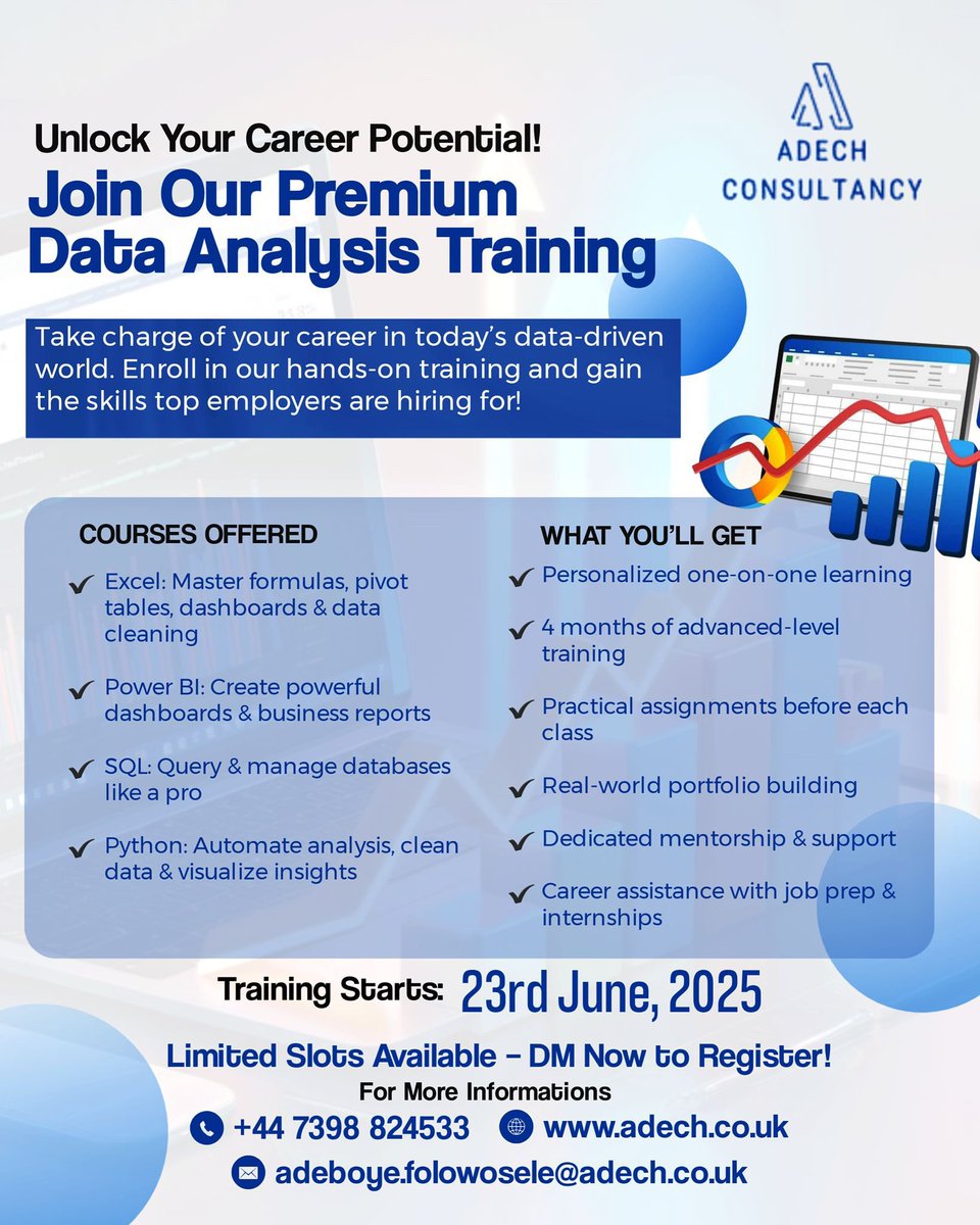 Become a Data Analyst in Weeks – Not Years!
Join our practical, beginner-friendly Online Data Analysis Class and gain in-demand skills in:

✅ Python – automate, clean &amp; analyze data
✅ SQL – query databases like a pro
✅ Power BI – build interactive dashboards
✅ Excel – master