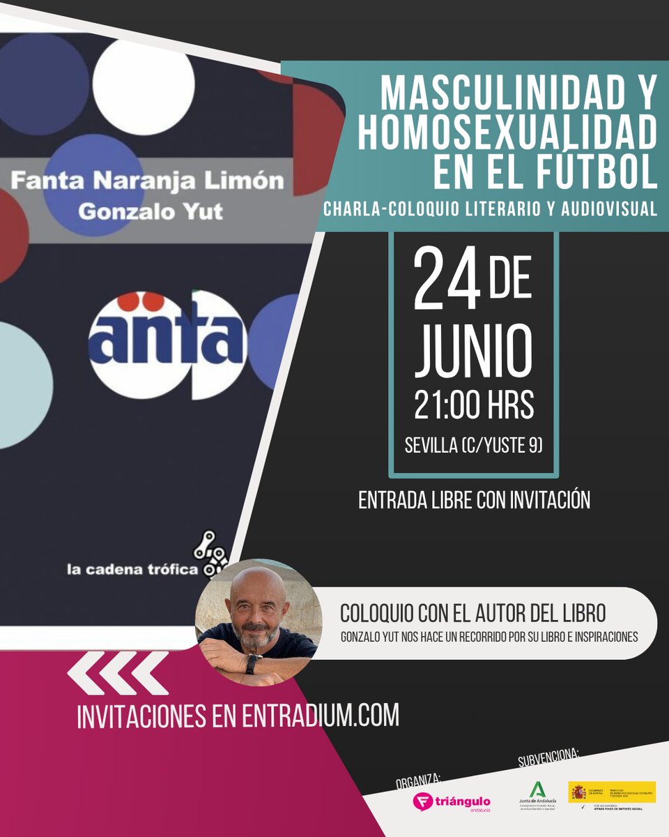 📖🍊🍋 ¡Vente a la presentación del libro ´Fanta Naranja Limón´ con Gonzalo Yuste, su autor!

⚽️ Un libro que nos muestra que el fútbol, el amor y el deseo no están reñidos💘

🗓️ 24 de junio
🕛 21 horas
📍 <a href="/FTrianguloAnd/">Fundación Triángulo Andalucía</a>: C/ Yuste, 9
🎟️ Gratis. Inscríbete: entradium.com/events/fanta-n…