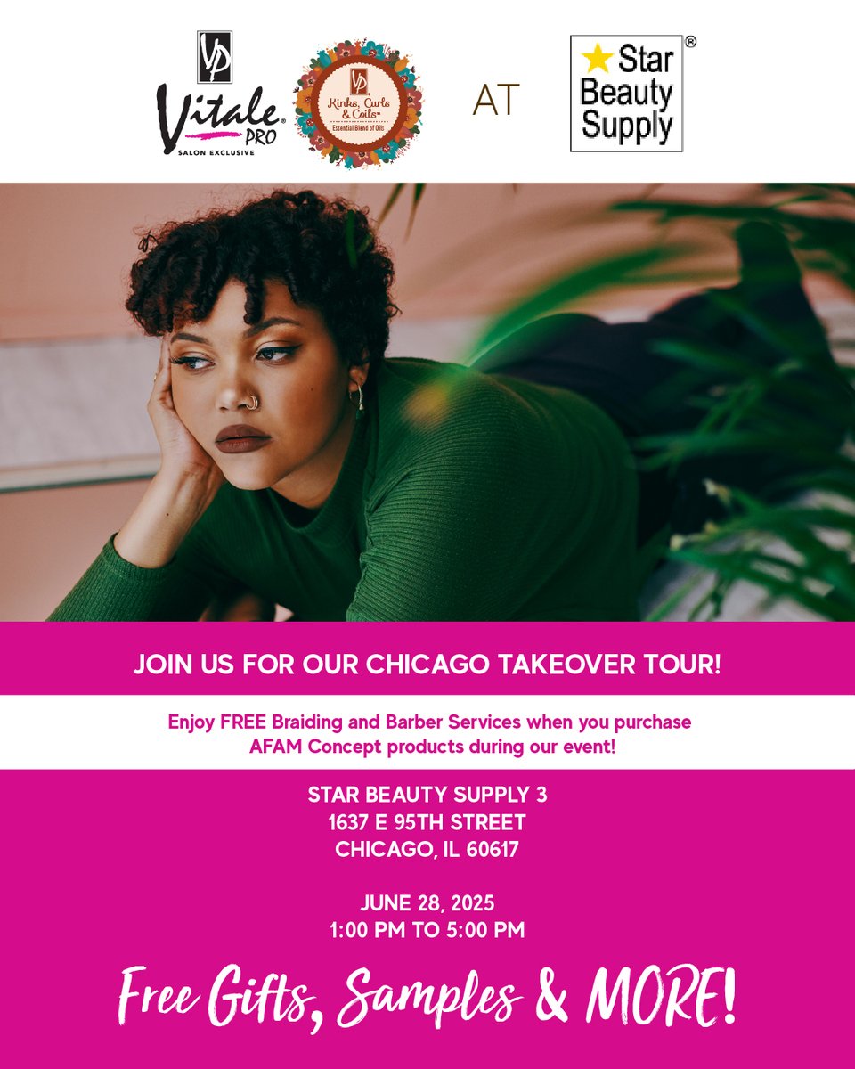 vitale_pro's tweet image. Our next stop is Star&apos;s Beauty Supply! We have giveaways, free samples, and free barbers and braiders.

Please come with clean hair for FREE braid styling and
haircuts.

#AFAMConcept #SummerTimeChi #ChicagoEvents #BeautyEvents #ChicagoSummer 

instagram.com/starbeautysupp…