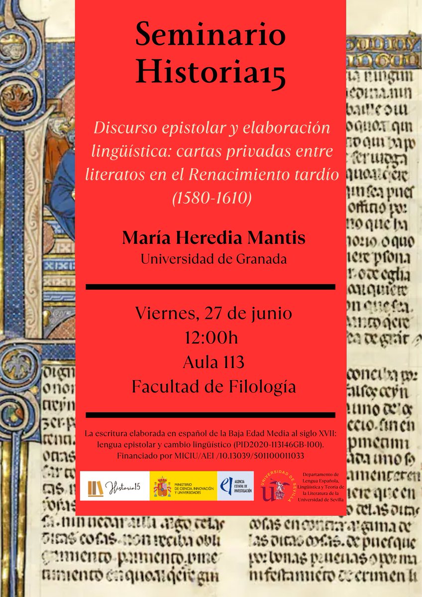 Historia15 (@historia152) on Twitter photo El próximo viernes 27 de junio a las 12:00 tendrá lugar el siguiente Seminario Historia15, en el que María Heredia presentará "Discurso epistolar y elaboración lingüística: cartas privadas entre literatos en el Renacimiento tardío (1580-1610)".
<a href="/herediamantis/">María Heredia Mantis</a> <a href="/FFilologiaUS/">Facultad_FilologíaUS</a> El próximo viernes 27 de junio a las 12:00 tendrá lugar el siguiente Seminario Historia15, en el que María Heredia presentará "Discurso epistolar y elaboración lingüística: cartas privadas entre literatos en el Renacimiento tardío (1580-1610)".
<a href="/herediamantis/">María Heredia Mantis</a> <a href="/FFilologiaUS/">Facultad_FilologíaUS</a>