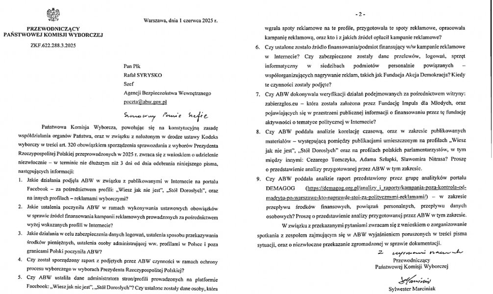 Pismo PKW do ABW, ujawnione przez Niezależną, w którym szef PKW pyta o nielegalne finsowanie w czasie kampanii wyborczej z zagranicznego źródła, hejterskich spotów wyborczych wspierających Rafała Trzaskowskiego, a uderzających w Karola Nawrockiego.

#TrzaskNASK powolutku wraca.