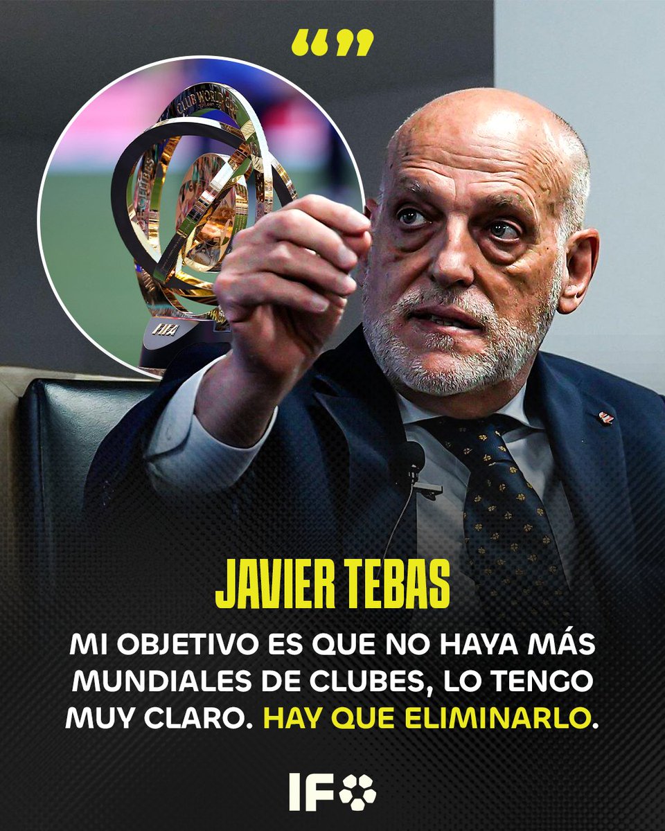 ❌"HAY QUE ELIMINARLO"💀 Las palabras de Javier Tebas, presidente de La Liga, sobre la organización del Mundial de Clubes.

🗣"No he visto ni un partido del Mundial de Clubes. Bueno, ayer vi un rato del partido del Chelsea contra Los Angeles y me pareció un amistoso de verano. No