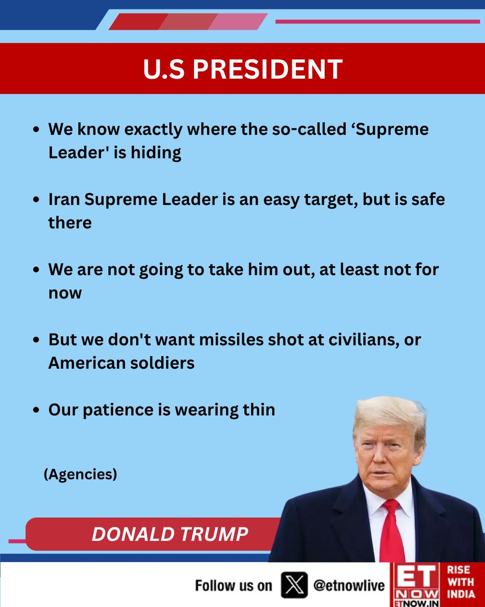 ET NOW (@etnowlive) on Twitter photo U.S President Donald Trump: We know exactly where the so-called ‘Supreme Leader' is hiding (Agencies)
<a href="/realDonaldTrump/">Donald J. Trump</a> #Trump #IsraelIranConflict #IsraeliranWar U.S President Donald Trump: We know exactly where the so-called ‘Supreme Leader' is hiding (Agencies)
<a href="/realDonaldTrump/">Donald J. Trump</a> #Trump #IsraelIranConflict #IsraeliranWar