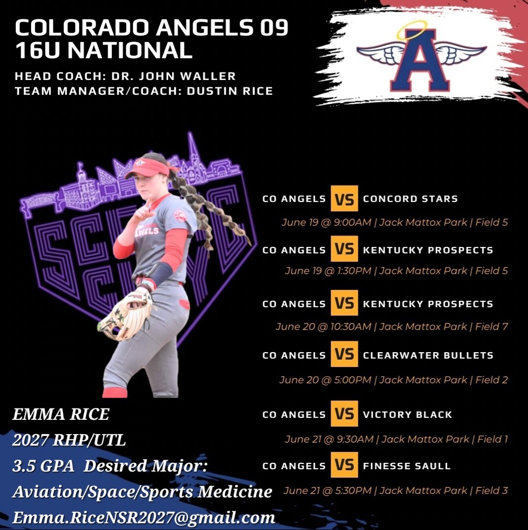 Emma Rice RHP 2027 (@emmarice2027) on Twitter photo Looking forward to traveling to the southeast and another great week of softball. <a href="/FSU_Softball/">Florida State Softball 🥎</a> camp on Thursday, followed by games.
Schedule is below.
<a href="/ConnectSports_/">Connect Sports</a> <a href="/bowey23/">Nikki Bowey</a> <a href="/nsrnow/">NSR</a> <a href="/coloradoangels/">Colorado Angels - Waller</a> <a href="/ArmyWP_Softball/">Army Softball</a> <a href="/ERAUSoftball/">Embry-Riddle Softball</a> <a href="/FSU_CoachWilson/">Travis Wilson</a> <a href="/AAMU_Softball/">Alabama A&M Softball</a> <a href="/SBRRetweets/">Softball Recruiting Reposts</a> Looking forward to traveling to the southeast and another great week of softball. <a href="/FSU_Softball/">Florida State Softball 🥎</a> camp on Thursday, followed by games.
Schedule is below.
<a href="/ConnectSports_/">Connect Sports</a> <a href="/bowey23/">Nikki Bowey</a> <a href="/nsrnow/">NSR</a> <a href="/coloradoangels/">Colorado Angels - Waller</a> <a href="/ArmyWP_Softball/">Army Softball</a> <a href="/ERAUSoftball/">Embry-Riddle Softball</a> <a href="/FSU_CoachWilson/">Travis Wilson</a> <a href="/AAMU_Softball/">Alabama A&M Softball</a> <a href="/SBRRetweets/">Softball Recruiting Reposts</a>