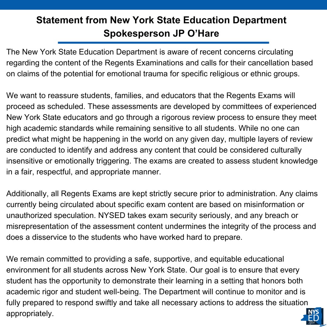 Statement from New York State Education Department Spokesperson JP O’Hare: bit.ly/3SRNX8Z