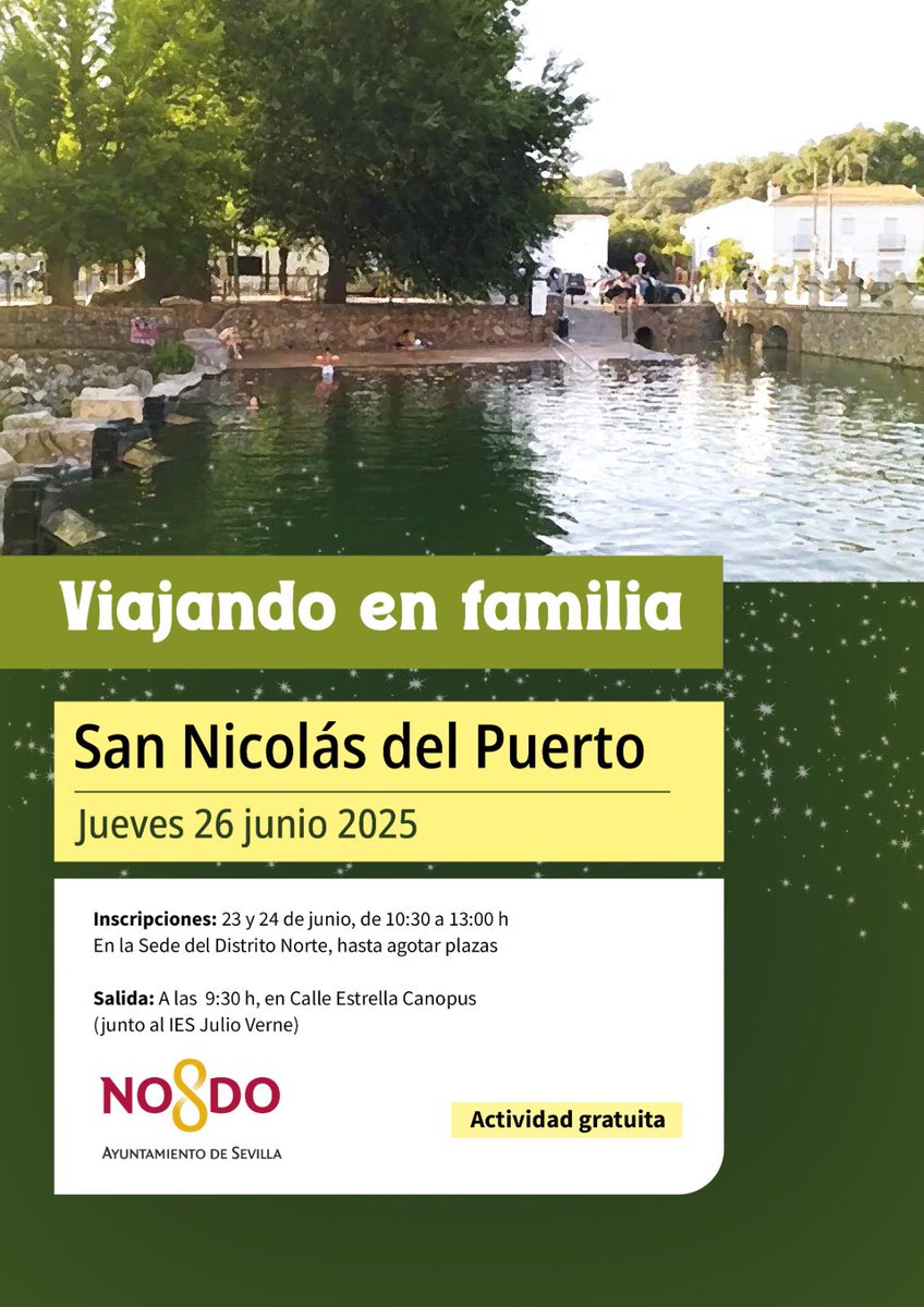 🚌¿Viajas con nosotros a San Nicolás del Puerto?

🗓️Jueves, 26 de junio.

📝Inscripciones: 23 y 24 de junio de 10:30 a 13:00.

⛱️Animamos a nuestros vecinos a venir y a participar.