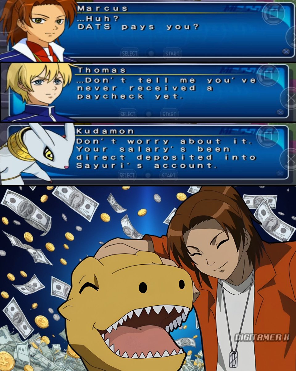 DigitamerX's tweet image. 🎉 Para los que se preocuparon por la economia de Masaru y los chicos de DATS! Si hay pago!

❓ Digimon Savers: Another Mision tiene unos dialogos sobre el tema!

#Digimon #DigimonSavers #DigimonDataSquad #anime #DigimonTamers