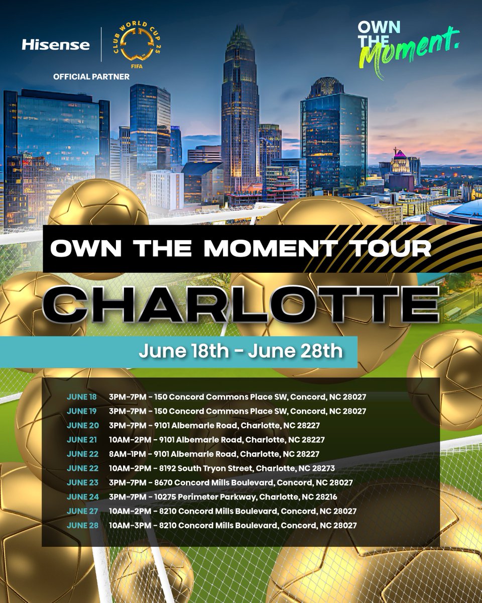 Charlotte, we’re coming for you! ⚽🔥
The Hisense Fan Zone is rolling into town! 
Get ready to Own the Moment.

Link in bio for more details. 

#Hisense #OfficialPartner #OwnTheMoment #FIFAClubWorldCup2025 #FanZone