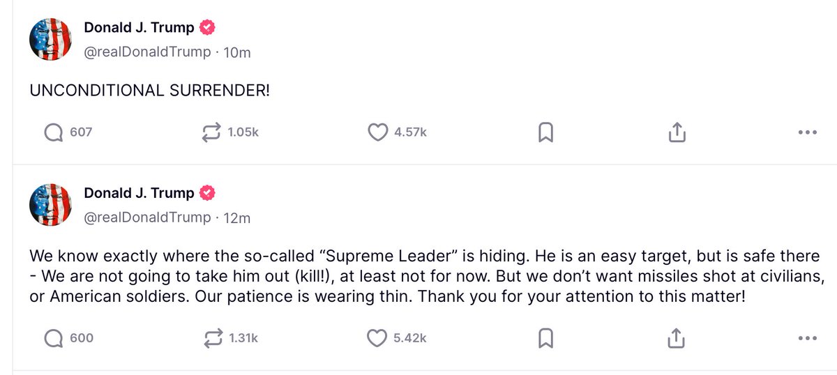 Trump threatens to kill Iran’s Ayatollah Khamenei and demands unconditional surrender from Iran.

American imperialism and tyranny are out of control.