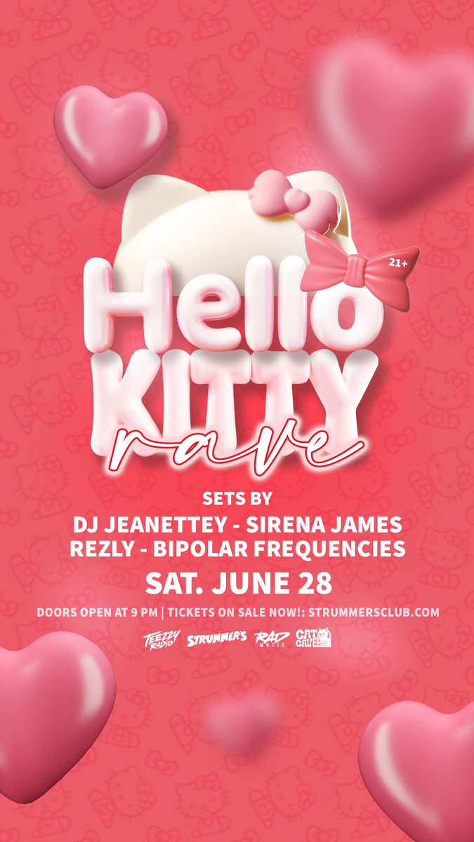 RAD Music (@radmusicof) on Twitter photo The HELLO KITTY RAVE at <a href="/StrummersFresno/">Strummer's</a> is only a week away!! Supurrrr cute visuals, themed drinks and special guest DJs bringing the heat all night long 😻 Tix & info: ticketweb.com/event/hello-ki…
<a href="/TeezzyRadio/">Teezzy Radio</a> <a href="/CatCaveProd/">Cat Cave Productions</a> <a href="/NumbskullShows/">Numbskull Shows</a> #rad #radmusic #rave #HelloKitty The HELLO KITTY RAVE at <a href="/StrummersFresno/">Strummer's</a> is only a week away!! Supurrrr cute visuals, themed drinks and special guest DJs bringing the heat all night long 😻 Tix & info: ticketweb.com/event/hello-ki…
<a href="/TeezzyRadio/">Teezzy Radio</a> <a href="/CatCaveProd/">Cat Cave Productions</a> <a href="/NumbskullShows/">Numbskull Shows</a> #rad #radmusic #rave #HelloKitty